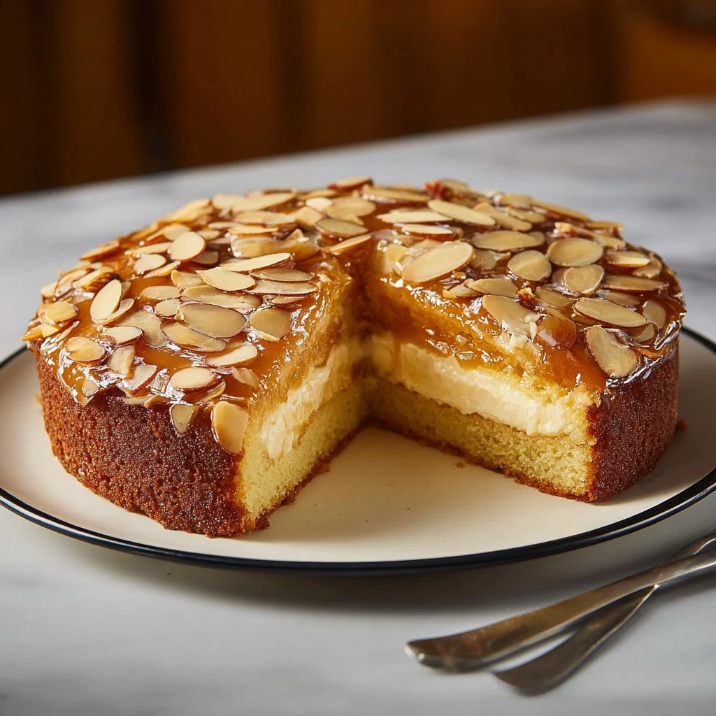 Slice of German Bee Sting Cake with creamy filling and almond topping.