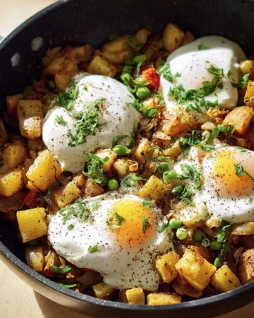 Gluten-free breakfast hash with vegetables and spices in a skillet