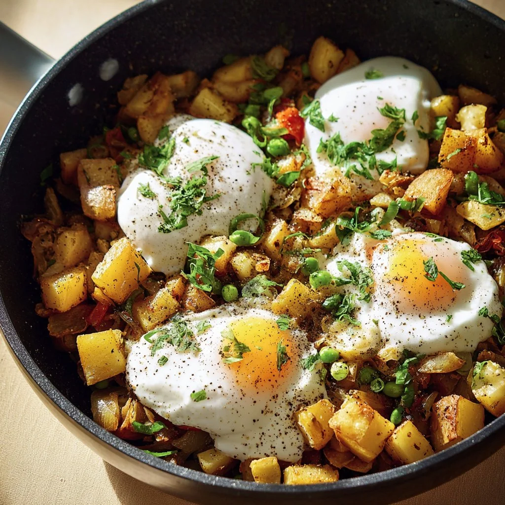 Gluten-free breakfast hash with vegetables and spices in a skillet