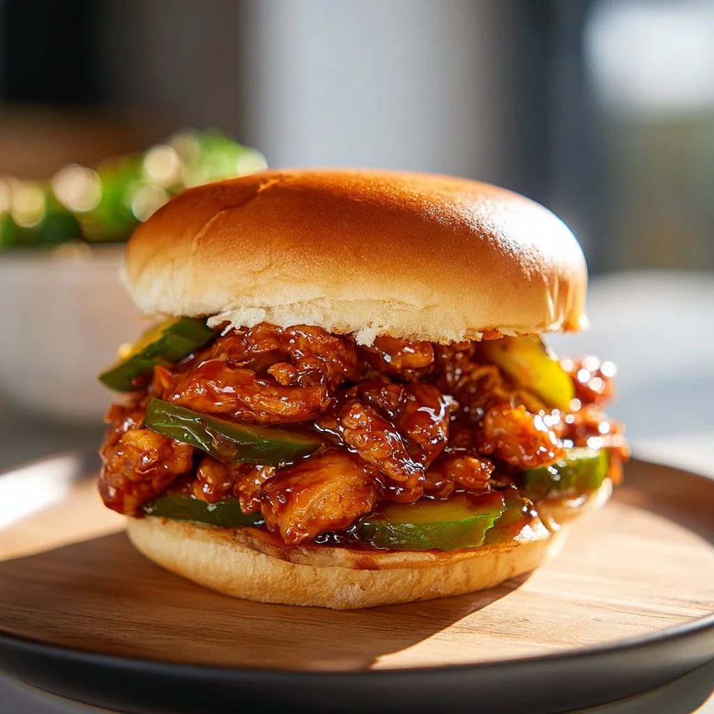 Gochujang Chicken Sandwich topped with fresh vegetables and spicy sauce