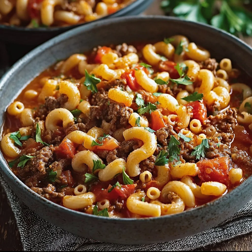 Bowl of Grandma's Goulash with pasta and vegetables