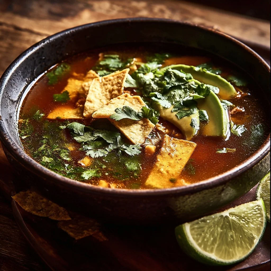 Bowl of green sauce tortilla soup topped with avocado and cilantro