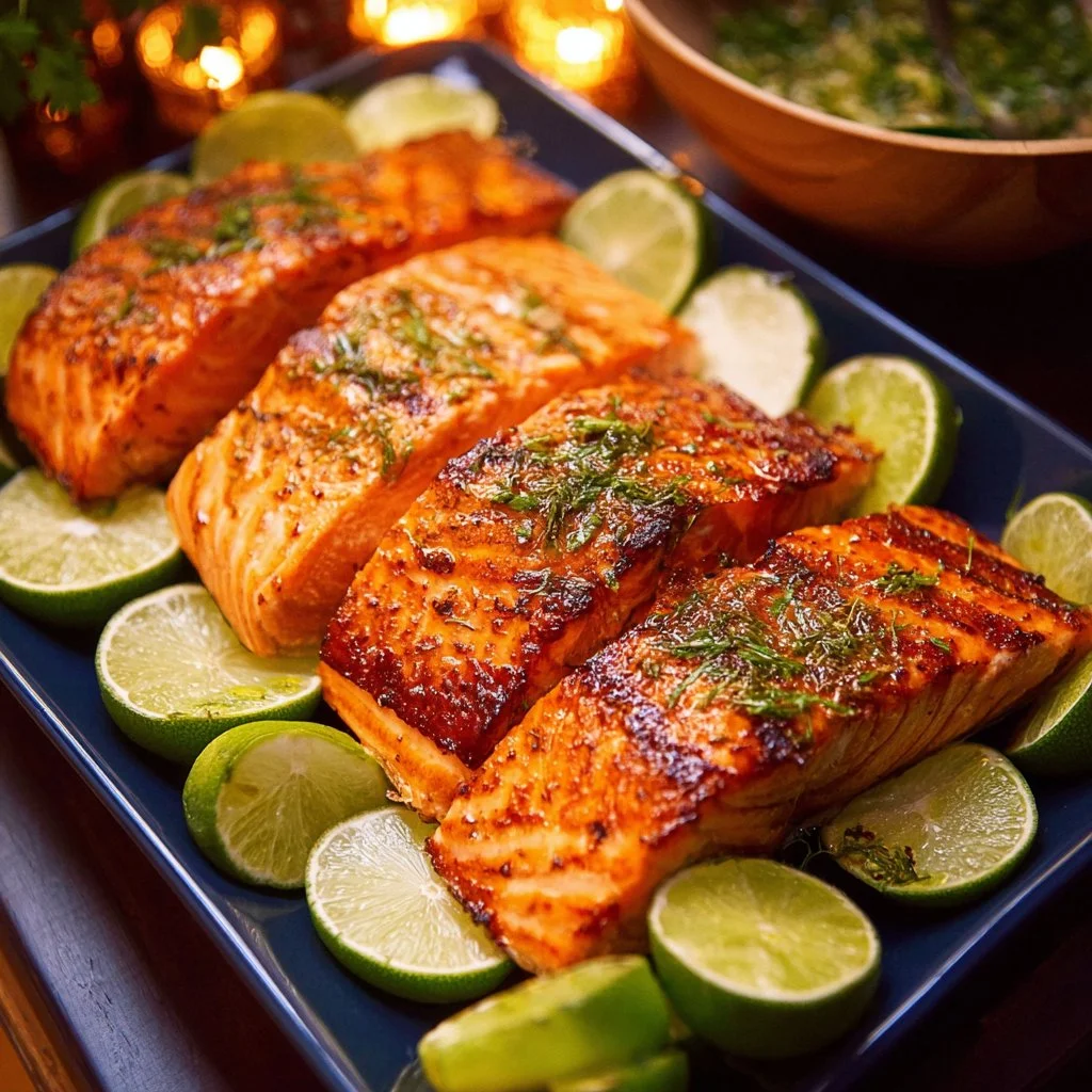 Grilled salmon fillet topped with garlic lime butter sauce on a plate