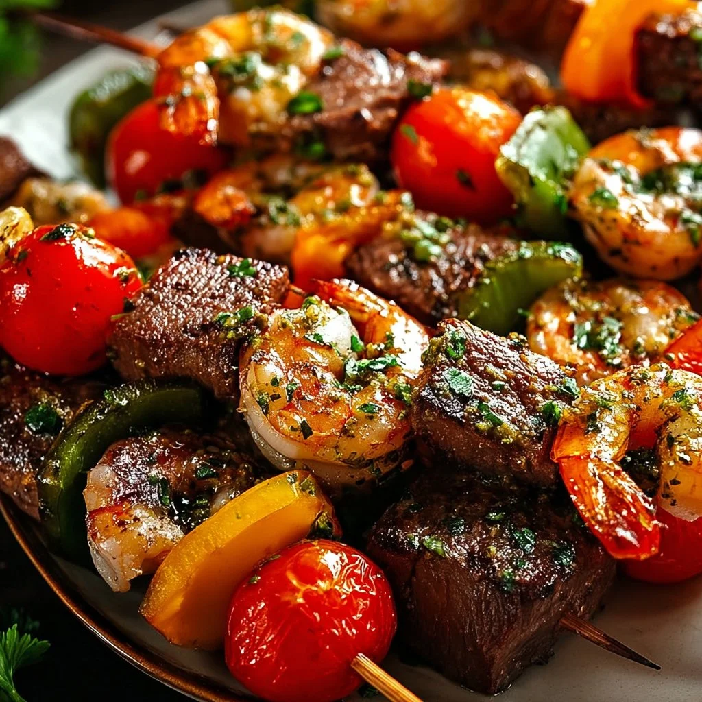 Grilled steak and shrimp kabobs served on a skewer with vibrant vegetables.
