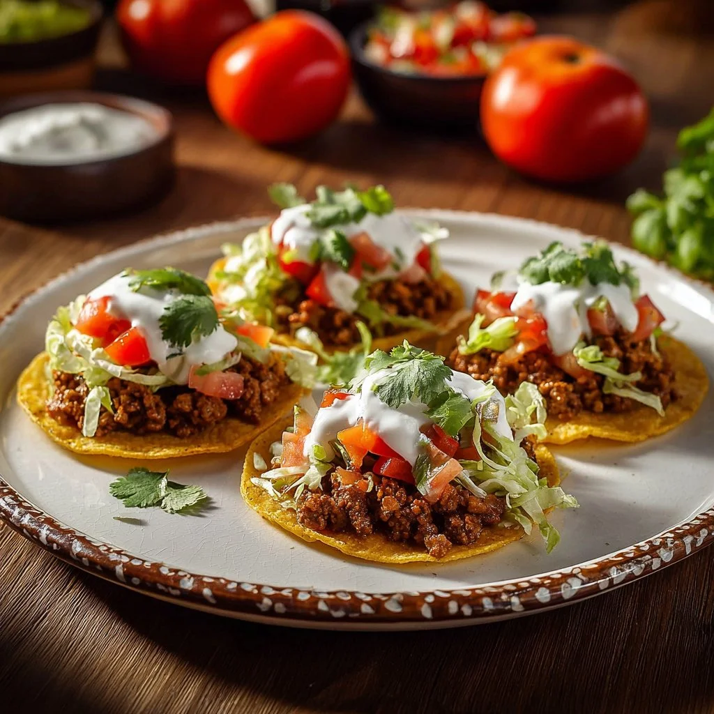 Delicious ground beef tostadas topped with fresh vegetables and salsa