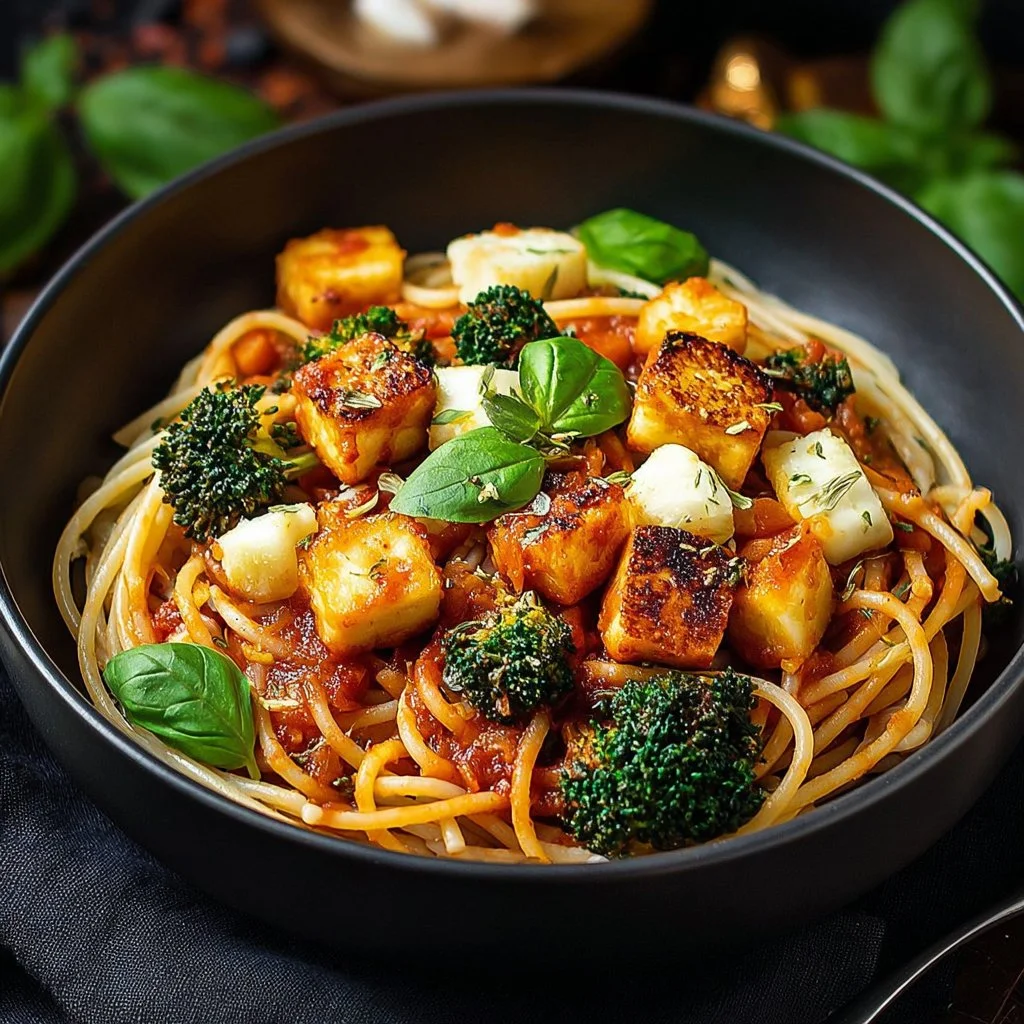 Delicious Halloumi Pasta dish garnished with fresh herbs and vegetables