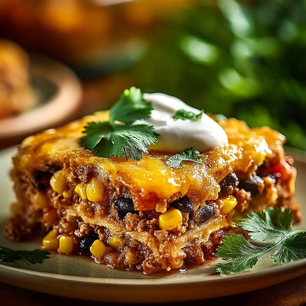 Hearty burrito casserole topped with cheese and fresh ingredients