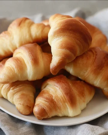 Homemade crescent rolls freshly baked on a baking tray