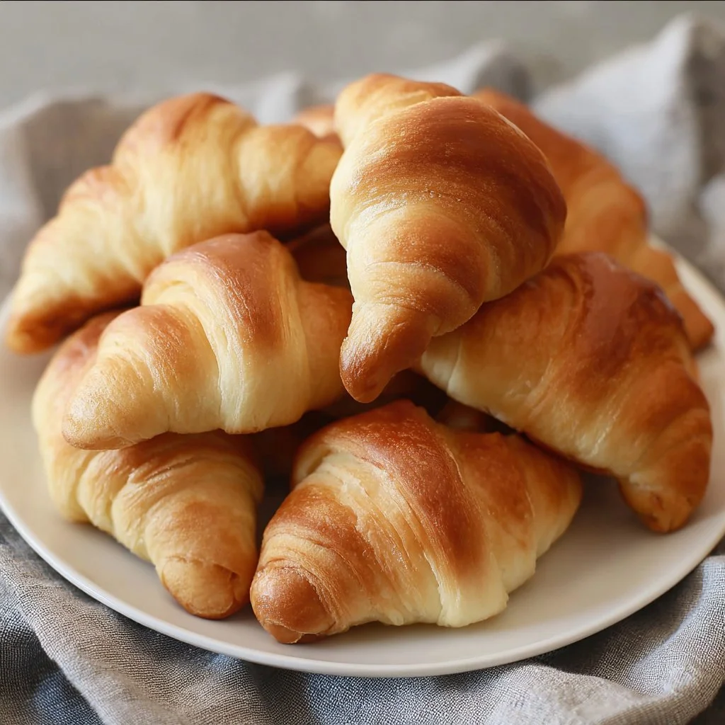 Homemade crescent rolls freshly baked on a baking tray