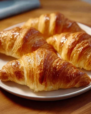 Freshly baked homemade croissants on a wooden table
