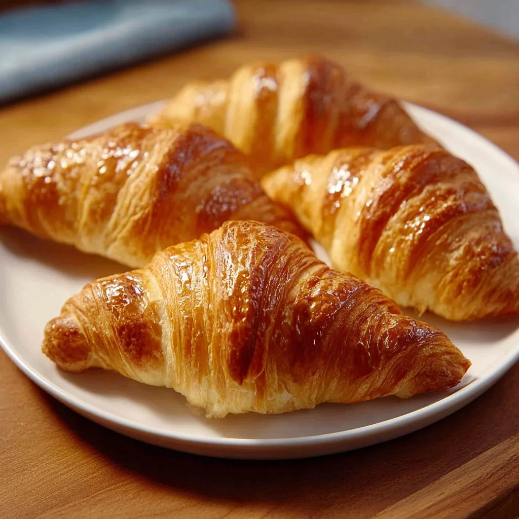 Freshly baked homemade croissants on a wooden table