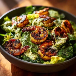 Hot Honey Blackened Shrimp Caesar Salad with fresh greens and toppings