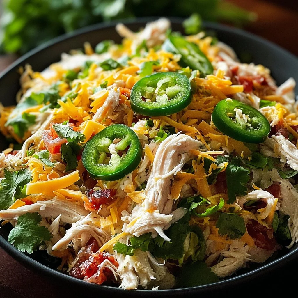 Jalapeño Popper Chicken Salad topped with jalapeños and creamy dressing