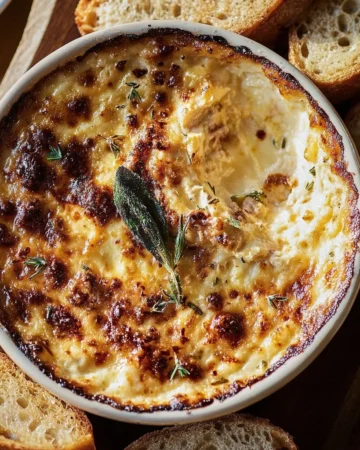 Delicious Jammy Hot Caramelized Onion Dip topped with Gruyère cheese.