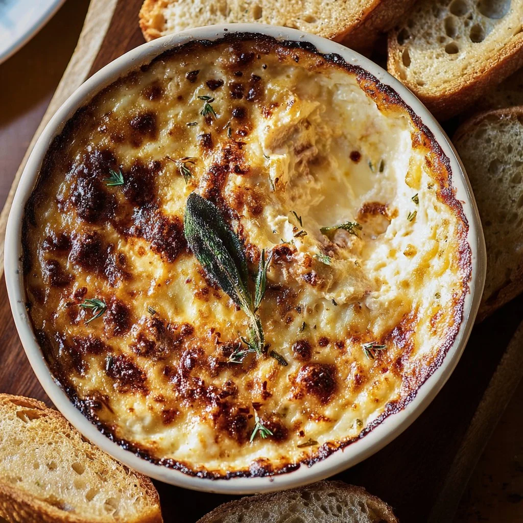 Delicious Jammy Hot Caramelized Onion Dip topped with Gruyère cheese.