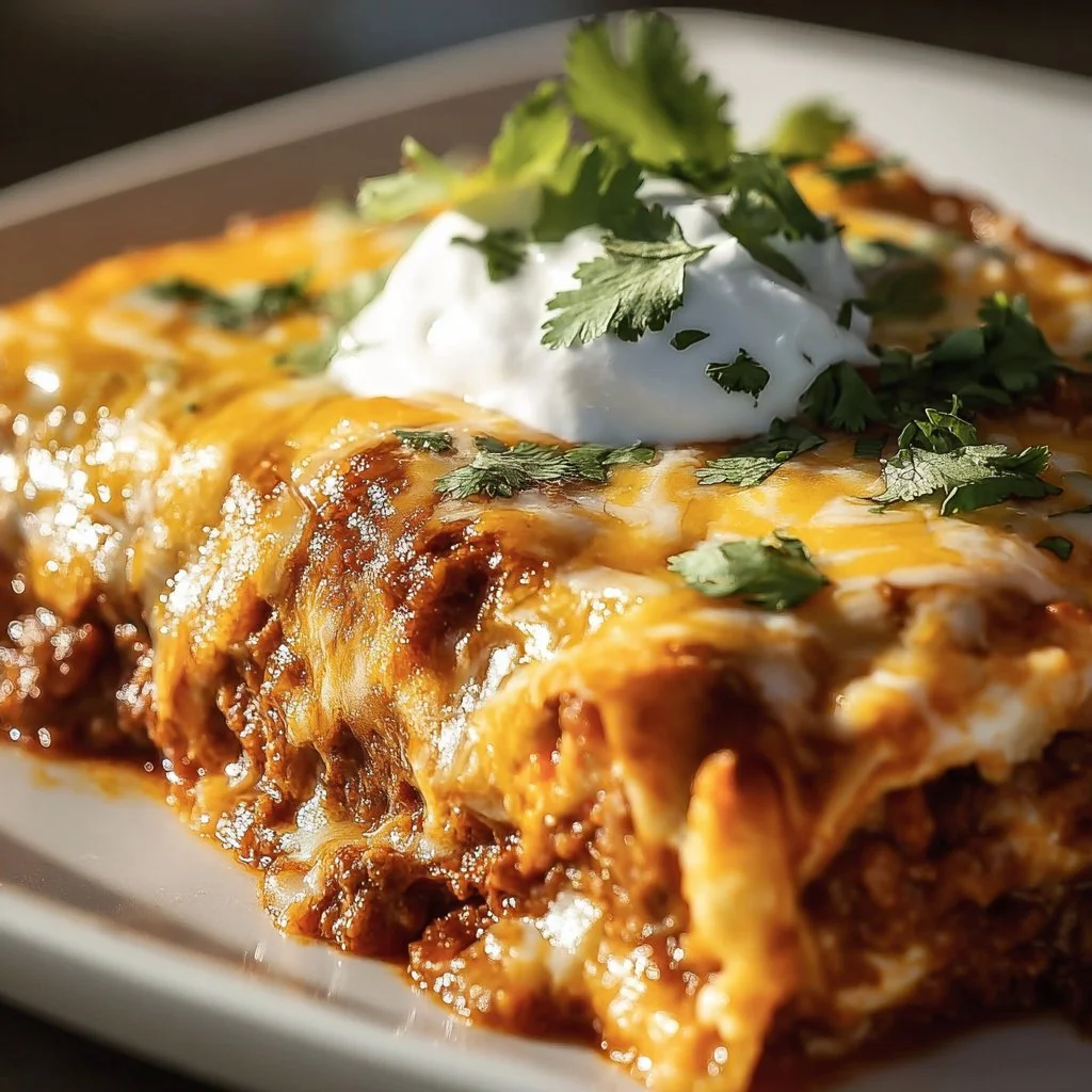 Plate of Lazy Enchiladas topped with cheese and sauce