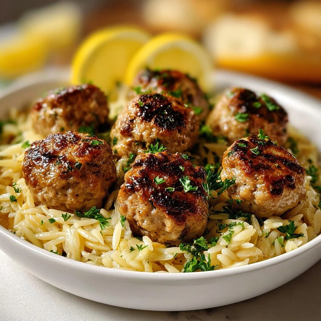 Lemon Chicken Ricotta Meatballs served with garlic orzo on a plate