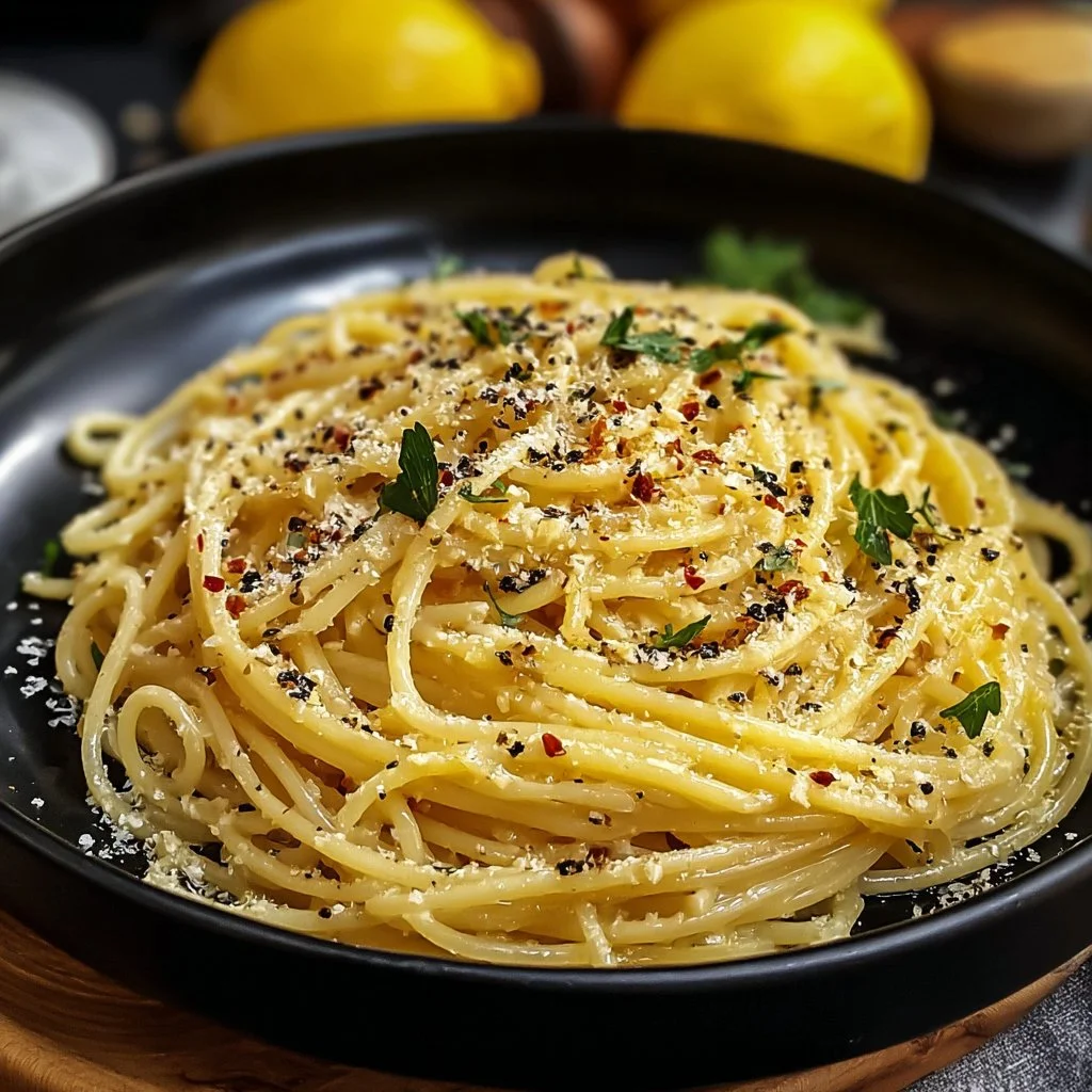 Delicious Lemon Garlic Butter Pasta in a bowl garnished with parsley