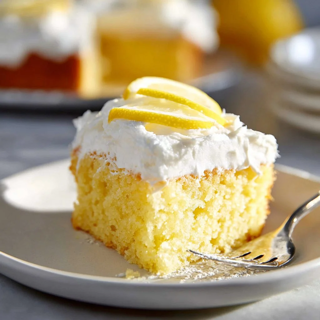 Deliciously moist lemon poke cake topped with lemon glaze and fresh berries.