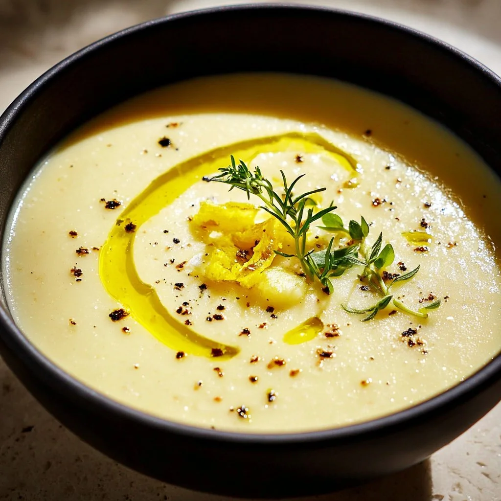 Delicious bowl of lemony artichoke soup garnished with herbs