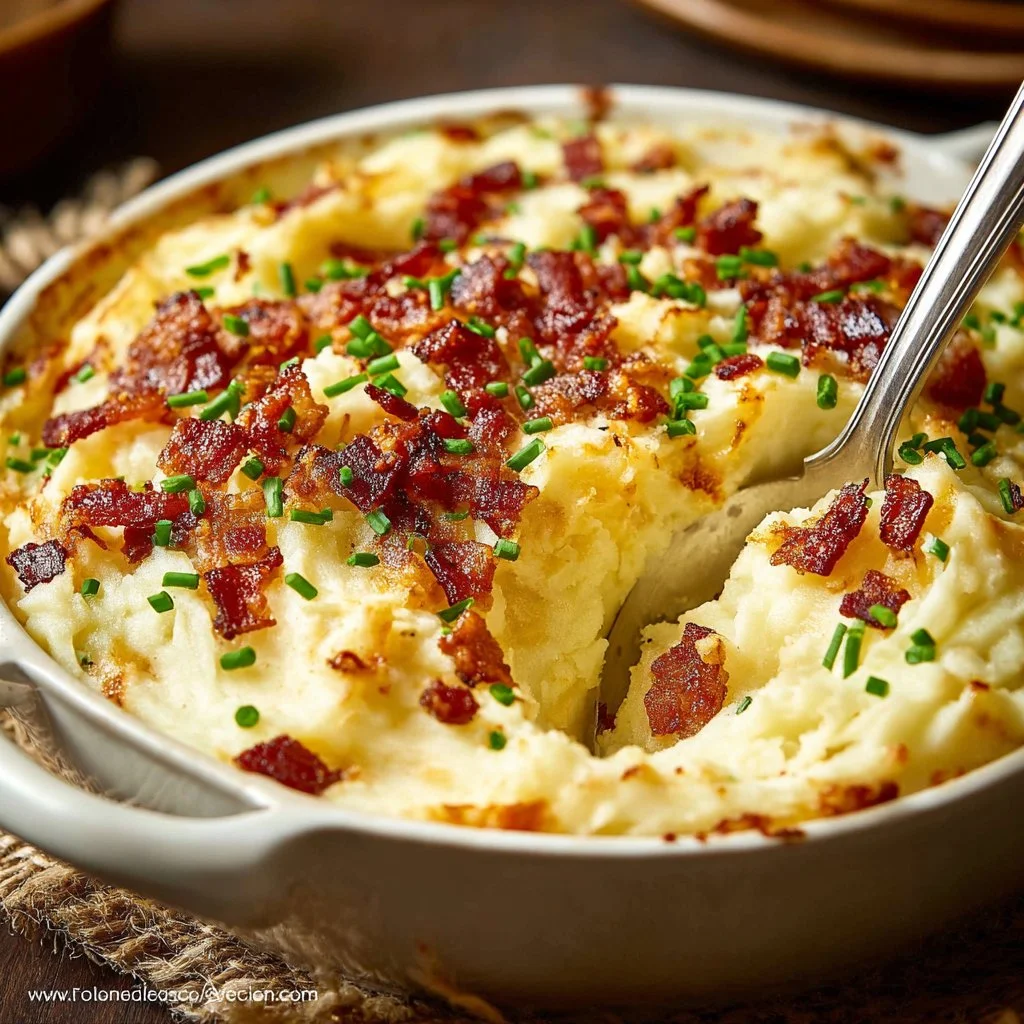 Delicious loaded mashed potato casserole topped with cheese and bacon.