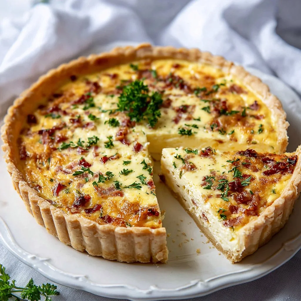 Delicious Lorraine Quiche with bacon, cheese, and creamy filling