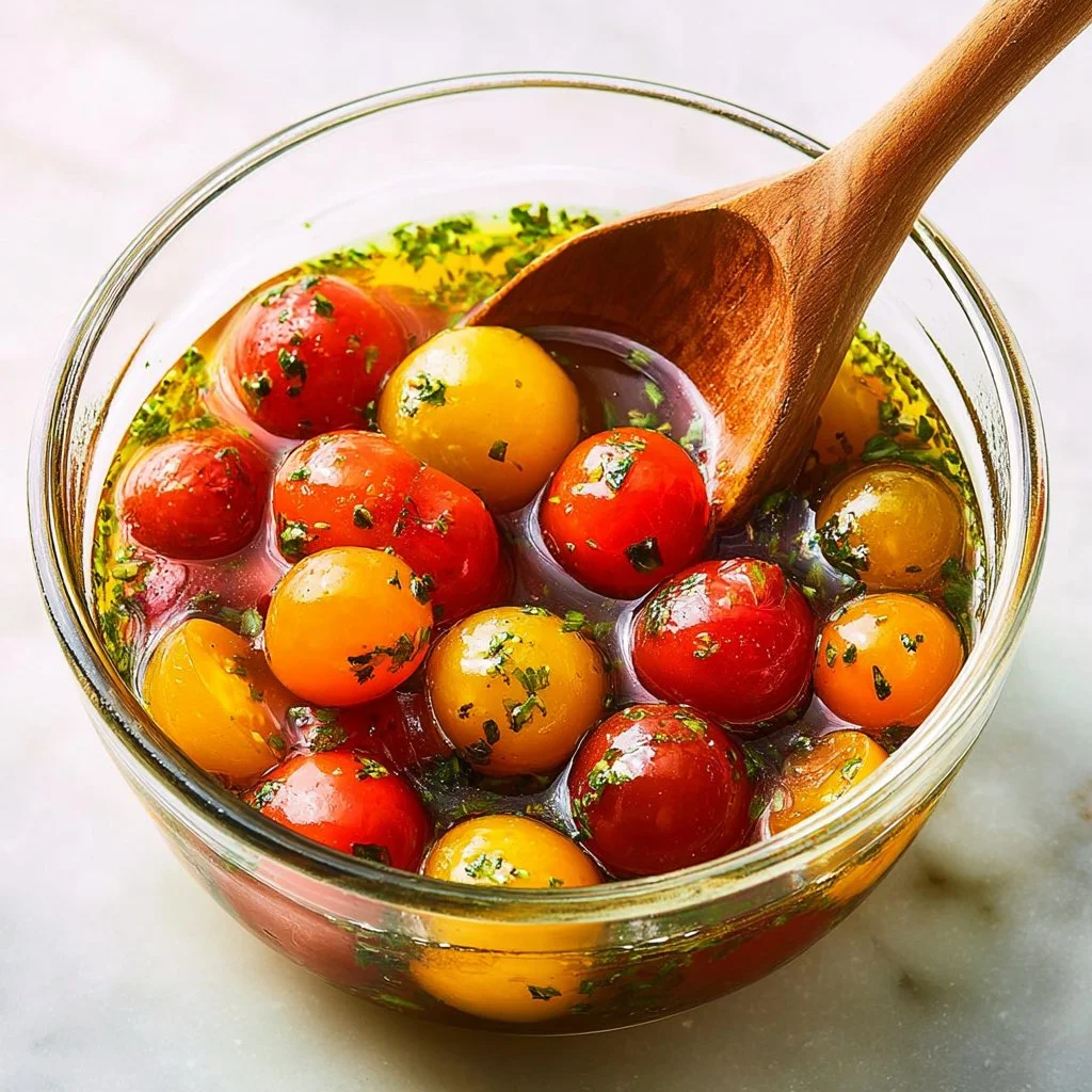 Bowl of marinated cherry tomatoes with herbs and spices