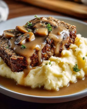 Homemade meatloaf topped with rich mushroom gravy served on a plate