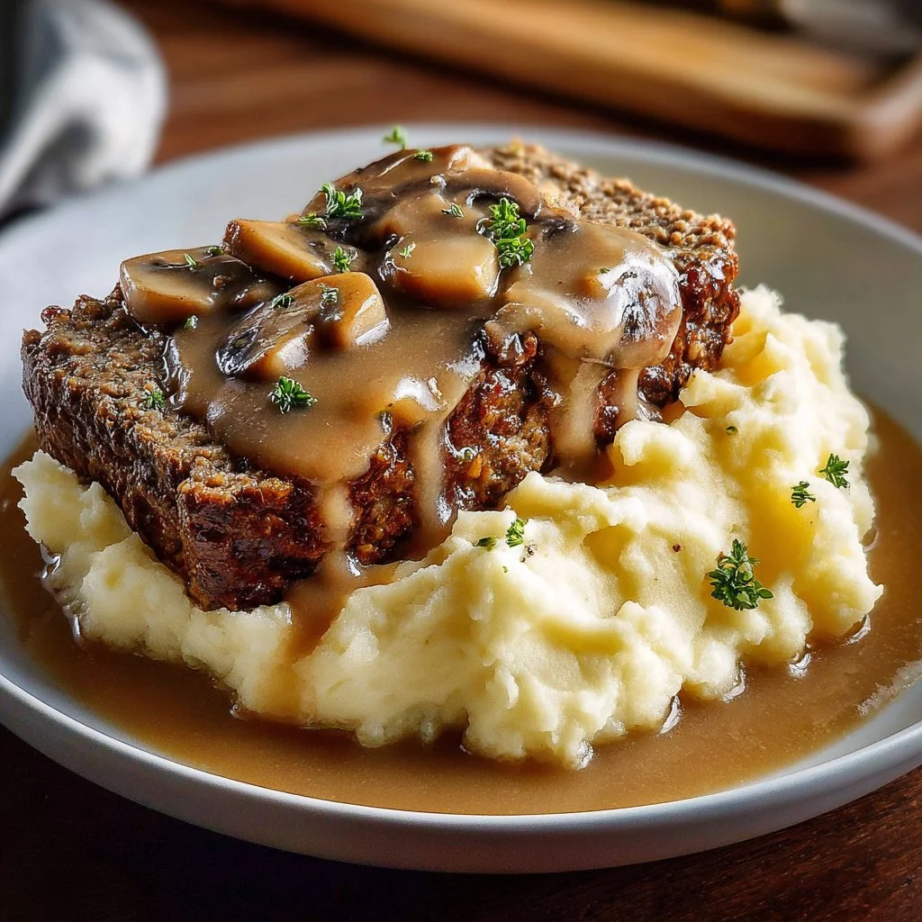 Homemade meatloaf topped with rich mushroom gravy served on a plate