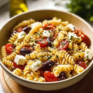 Colorful Mediterranean Pasta Salad with olives, tomatoes, and feta cheese