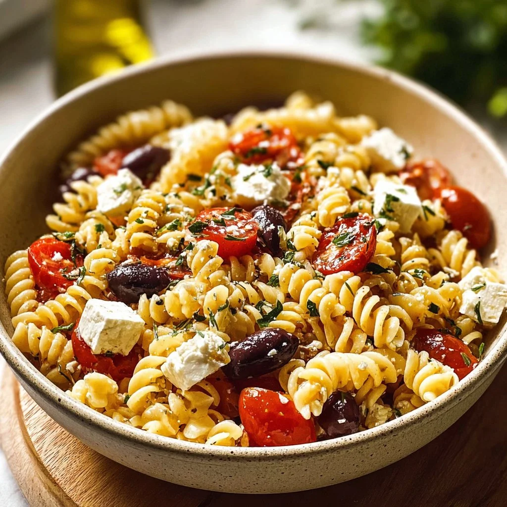 Colorful Mediterranean Pasta Salad with olives, tomatoes, and feta cheese