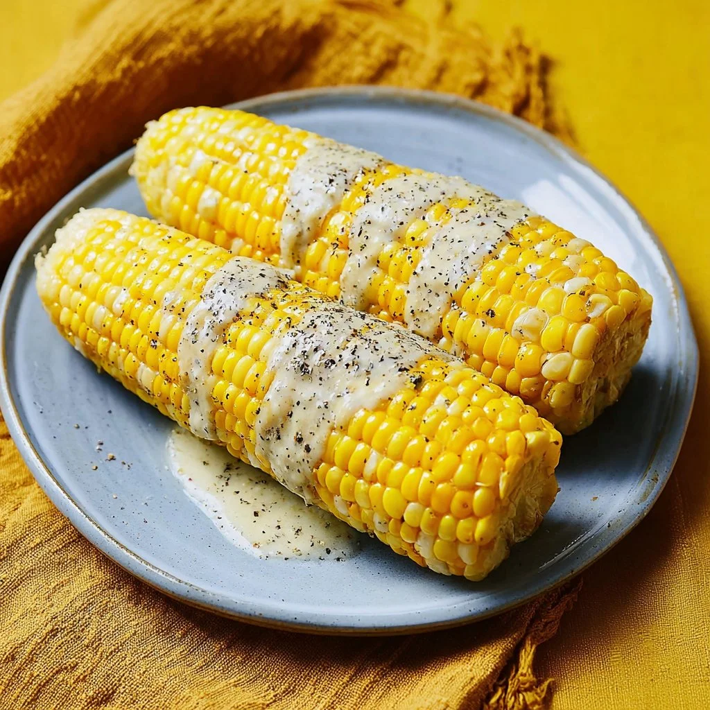Freshly microwaved corn on the cob served on a plate.