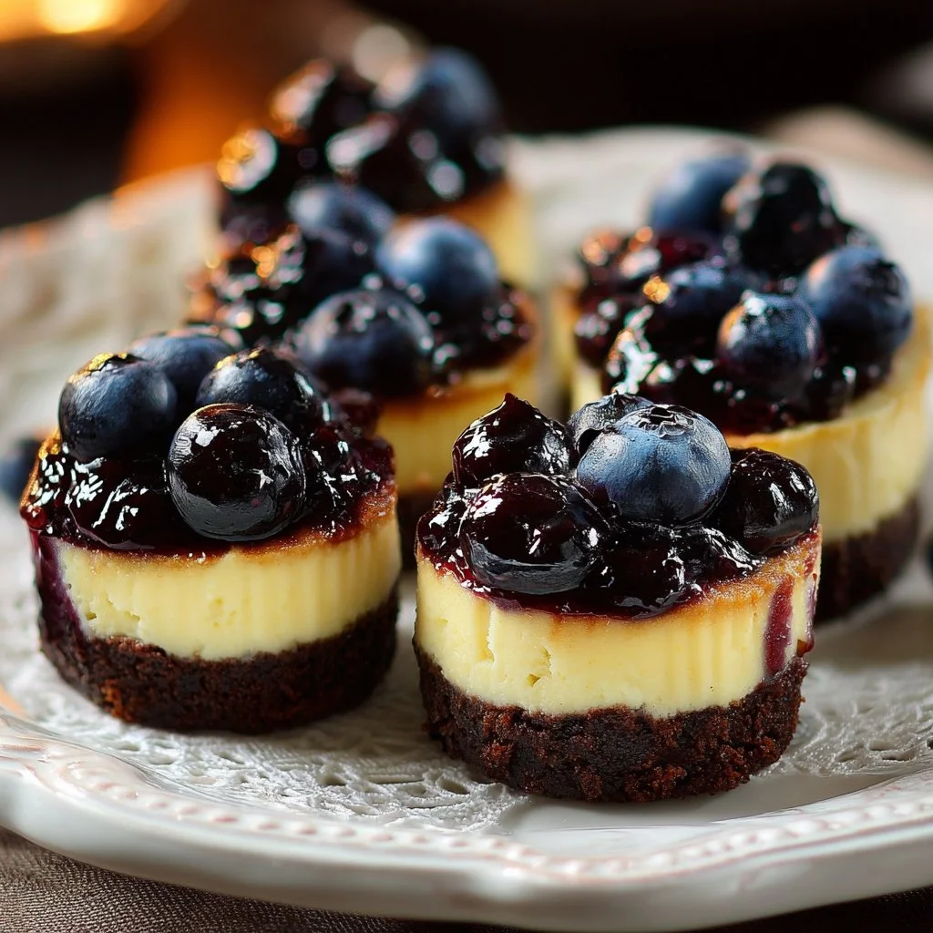 Mini blueberry cheesecakes topped with fresh berries and cream