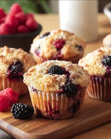 Freshly baked mixed berry muffins with blueberries and raspberries