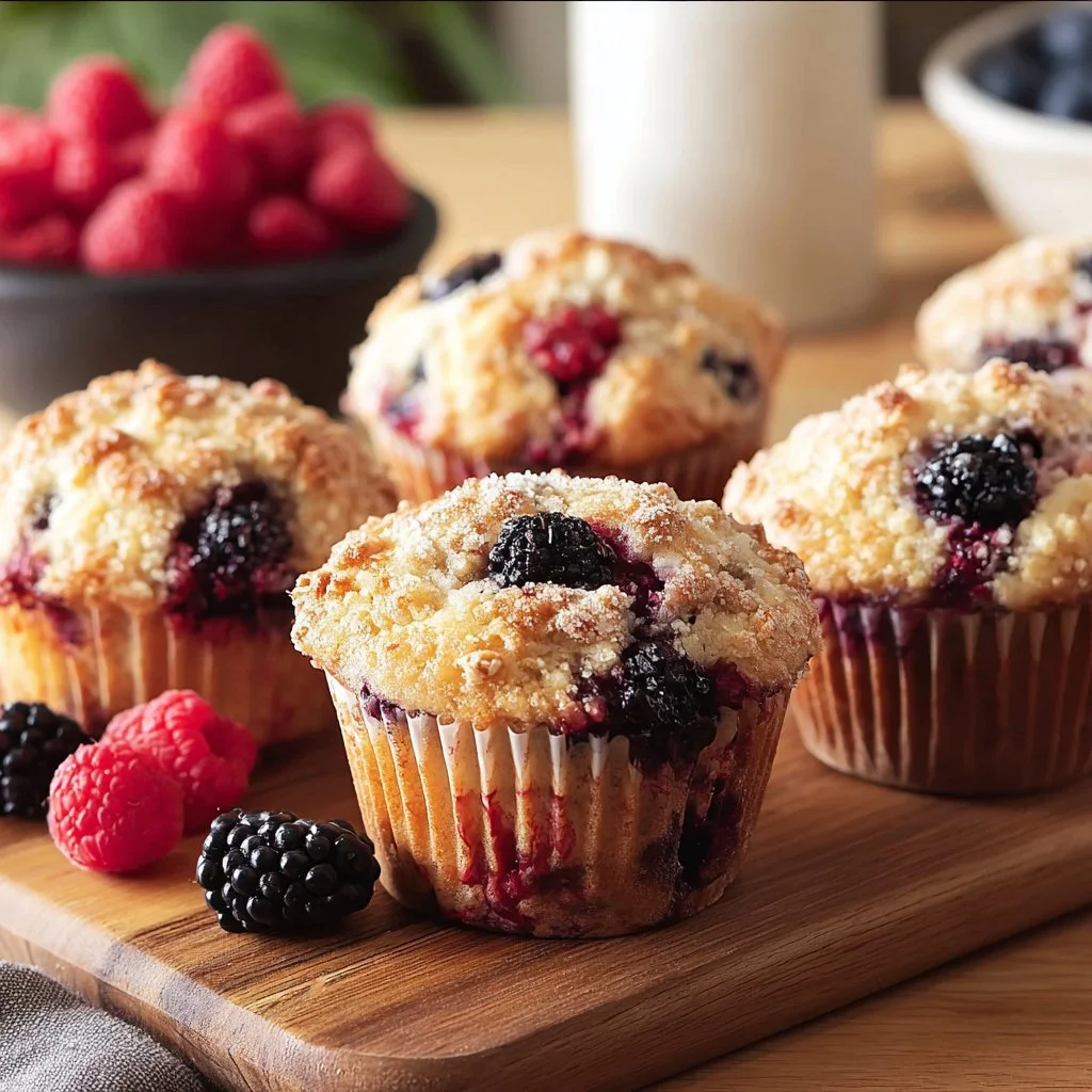Freshly baked mixed berry muffins with blueberries and raspberries