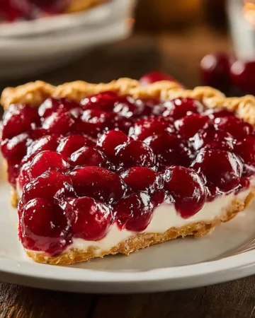 Delicious no-bake cherry pie topped with fresh cherries and whipped cream