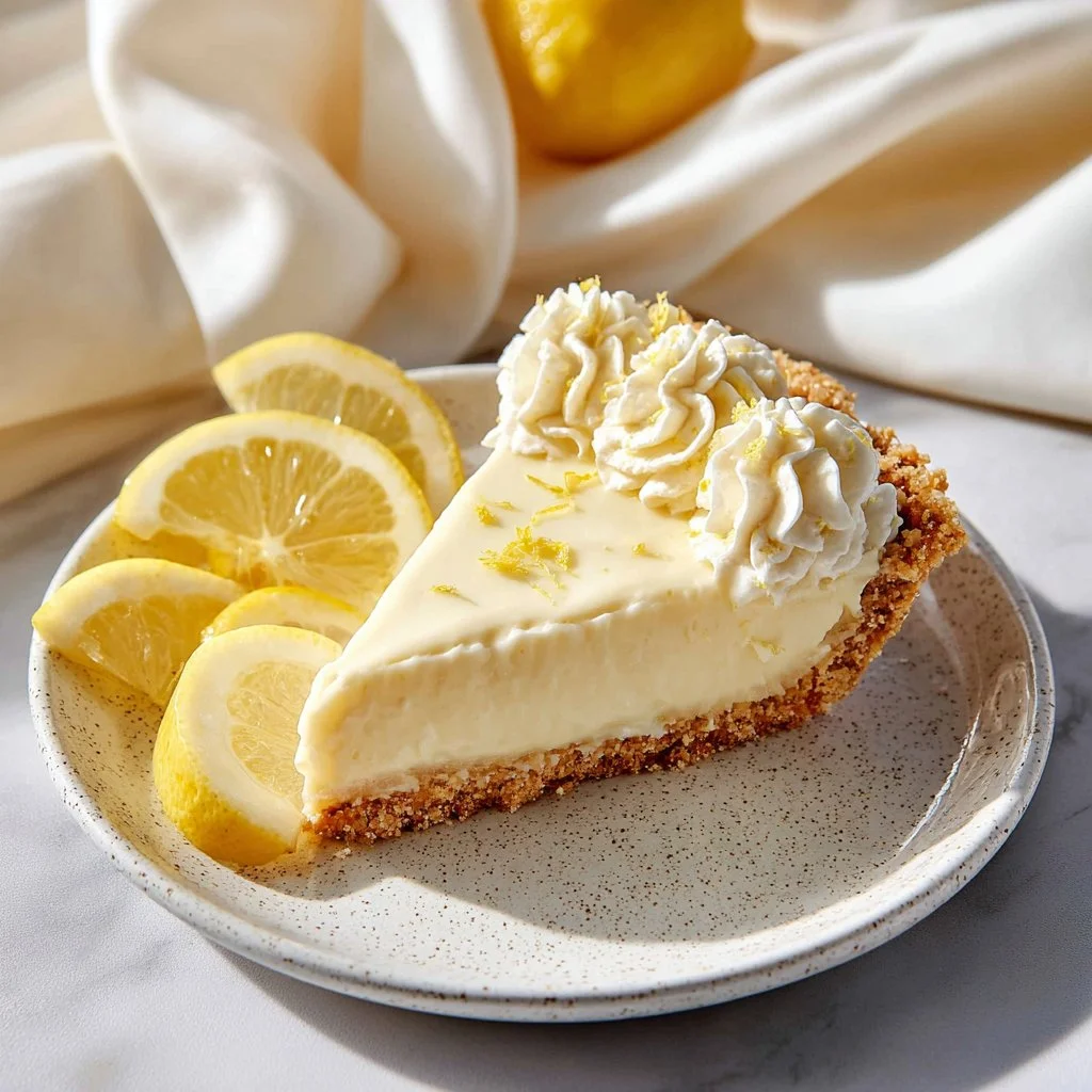 Delicious No Bake Lemon Icebox Pie served on a plate with a lemon slice garnish.