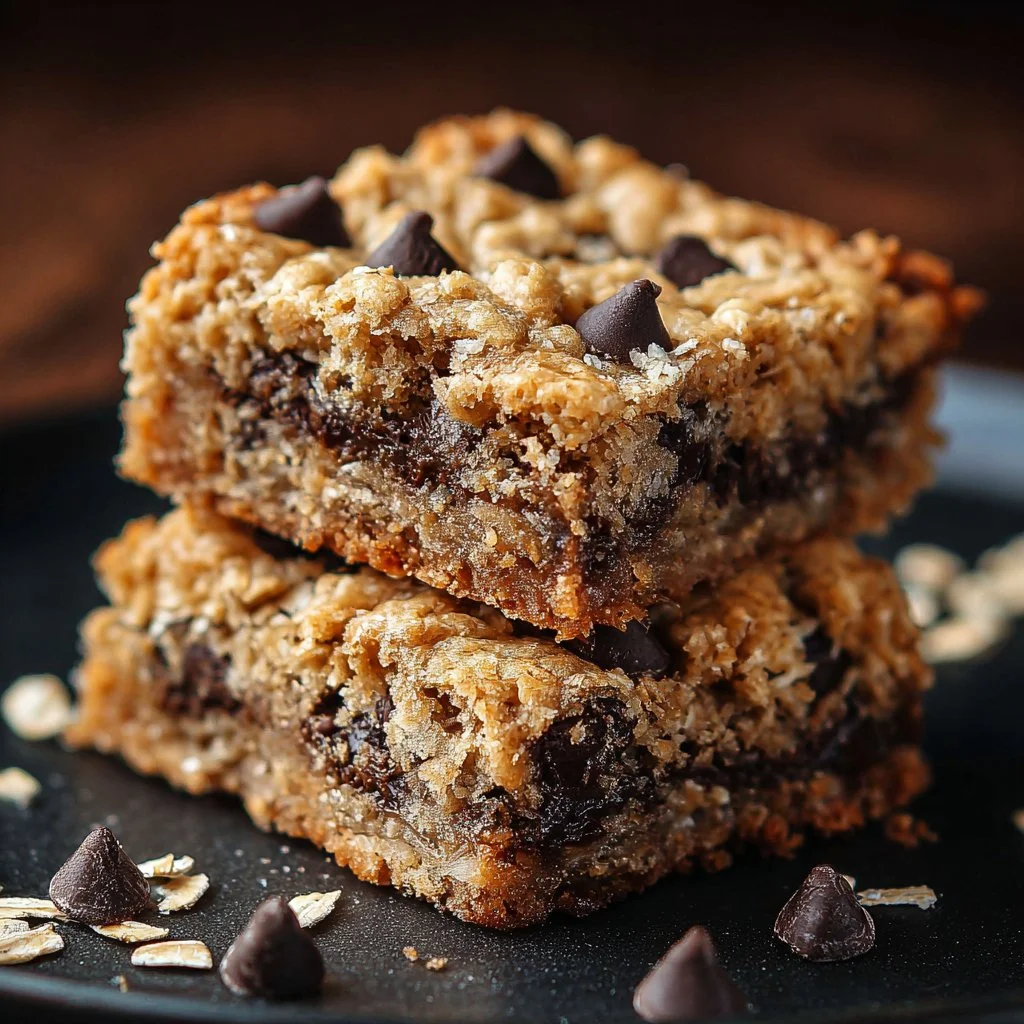 Delicious oatmeal cookie bars stacked on a plate