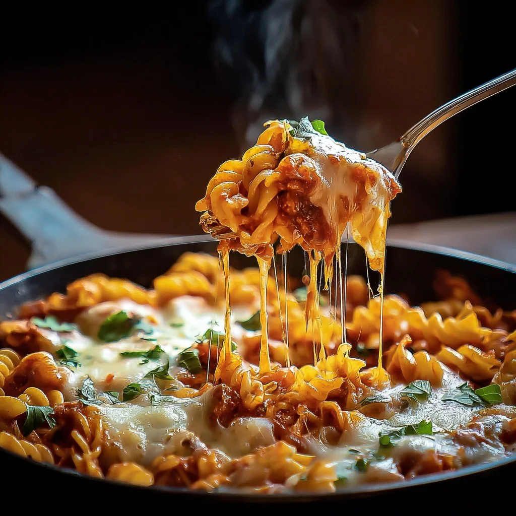 One Pot Pizza Pasta cooked with cheese, pepperoni, and fresh herbs in a skillet