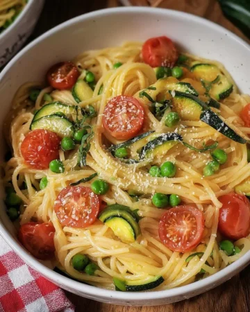 Plate of pasta with zucchini and tomatoes garnished with herbs