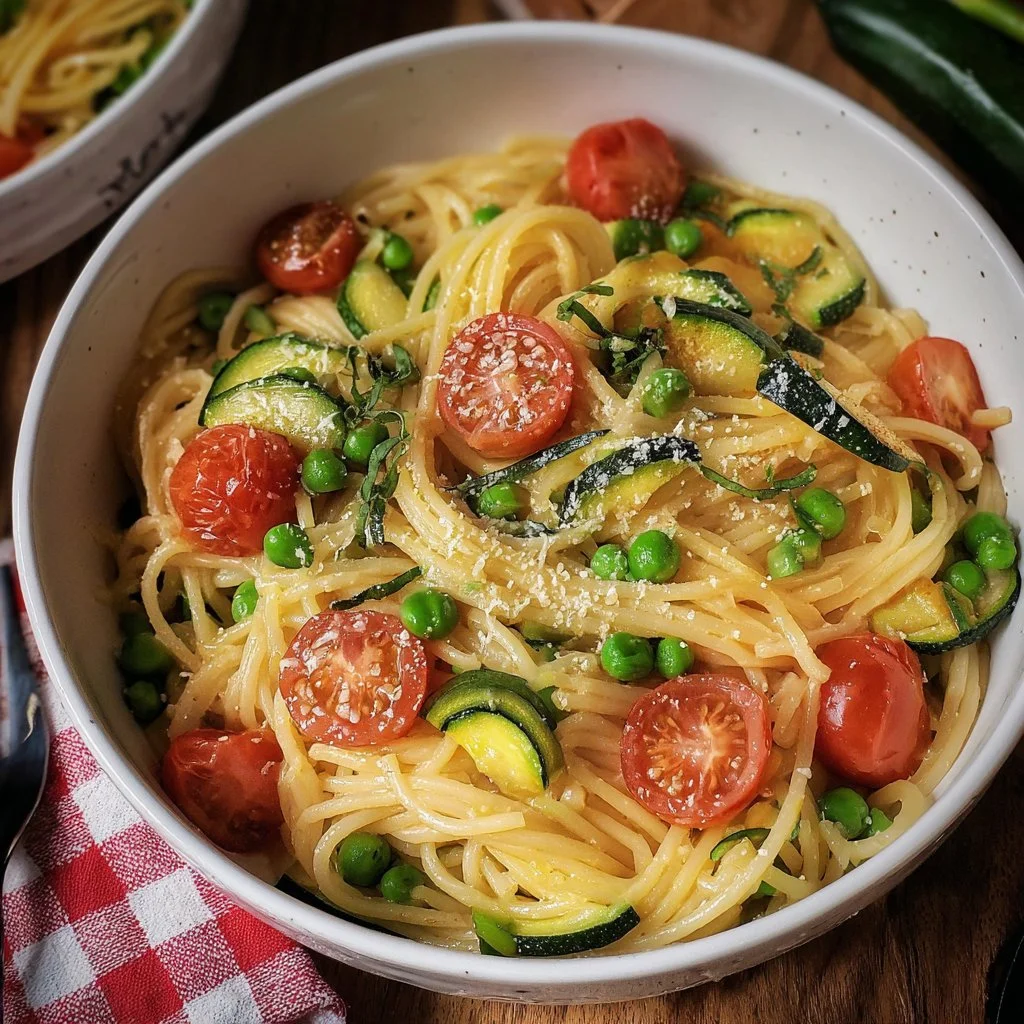 Plate of pasta with zucchini and tomatoes garnished with herbs