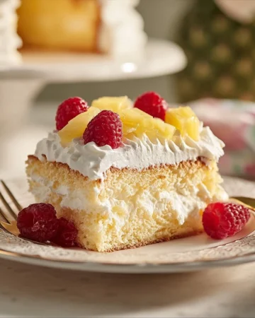 Slice of Pineapple Angel Food Cake topped with pineapple slices and whipped cream