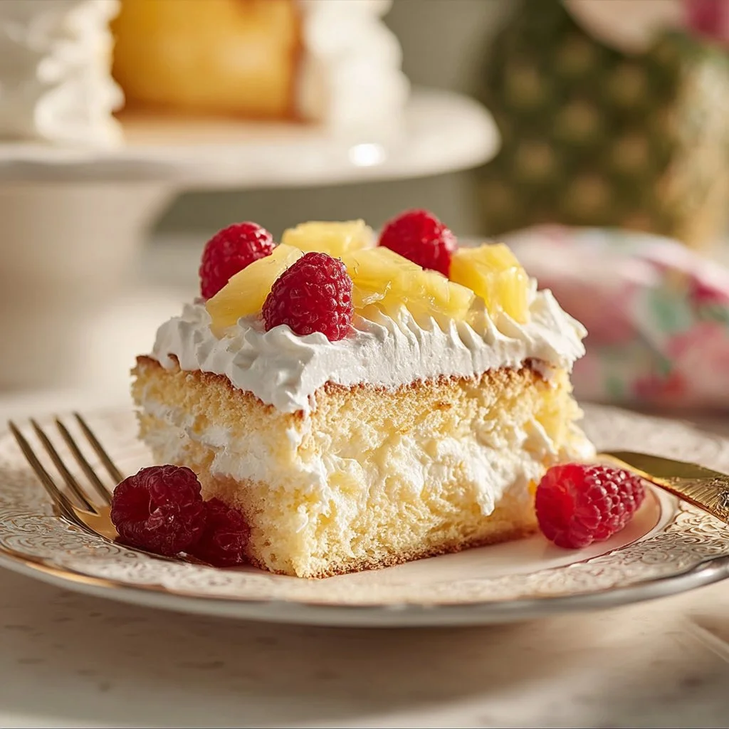 Slice of Pineapple Angel Food Cake topped with pineapple slices and whipped cream