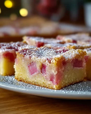 Delicious rhubarb custard bars on a plate with fresh rhubarb stalks
