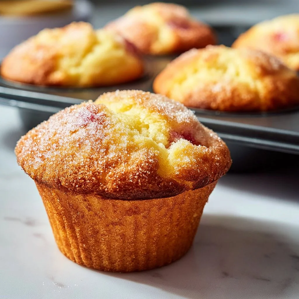 Freshly baked Rhubarb Greek Yogurt Muffins on a cooling rack