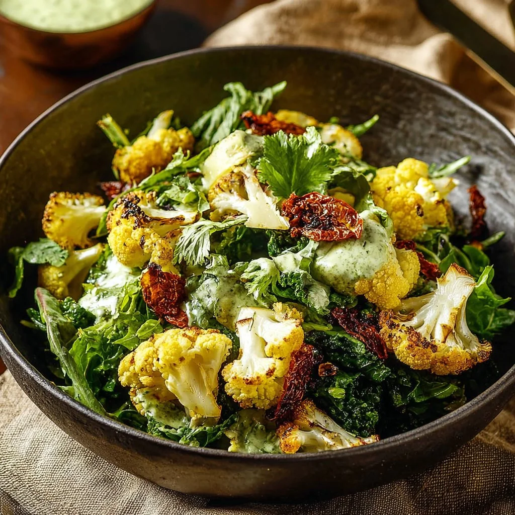 Roasted Cauliflower Green Goddess Salad with fresh ingredients and creamy dressing