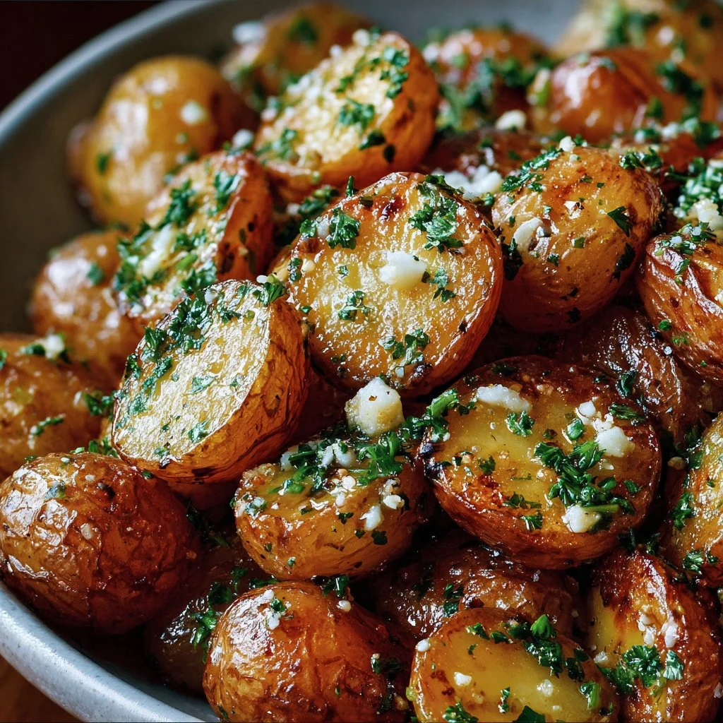 Plate of roasted garlic butter parmesan potatoes garnished with herbs.