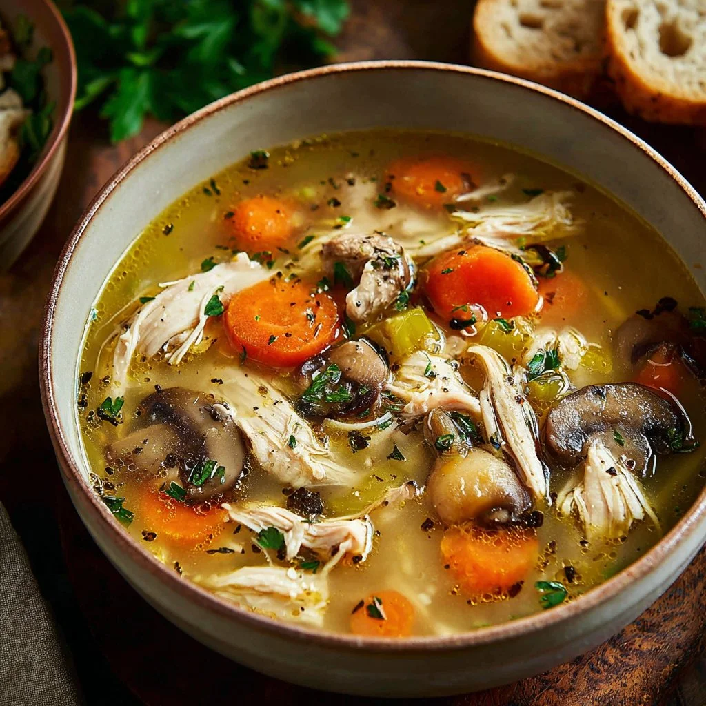 Delicious bowl of homemade rotisserie chicken soup with fresh vegetables