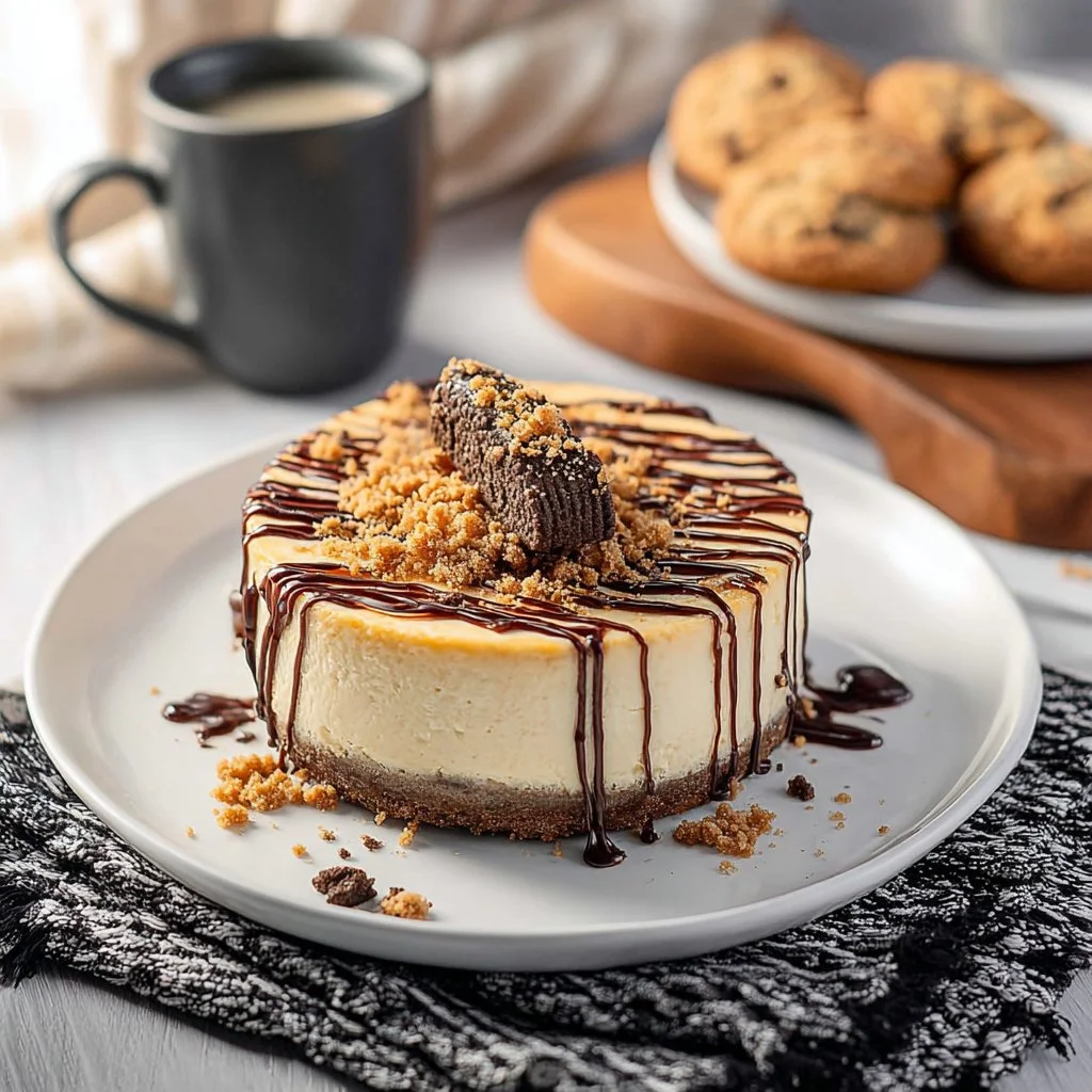Decadent Samoa Cheesecake with chocolate, caramel, and coconut toppings