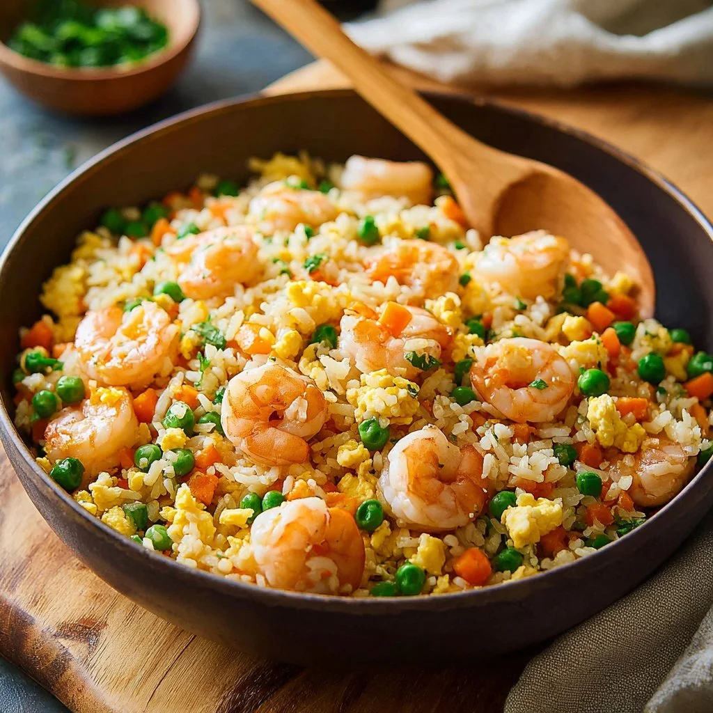 Plate of shrimp fried rice with vegetables and shrimp, garnished with green onions.